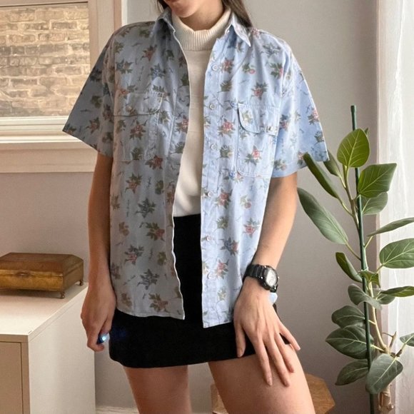 Retro Colorful Flower Print Casual V-neck Denim Loose Shirt